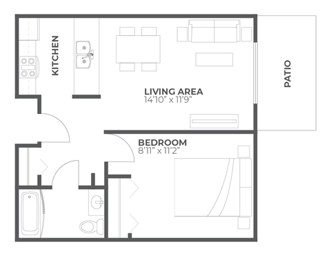 A black and white floor plan of a small apartment with a kitchen, living area, and bedroom.
